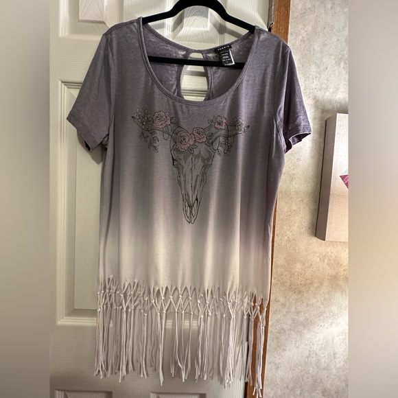 torrid Tops - Torrid Purple and White Cow Skull Fringe Shirt 1